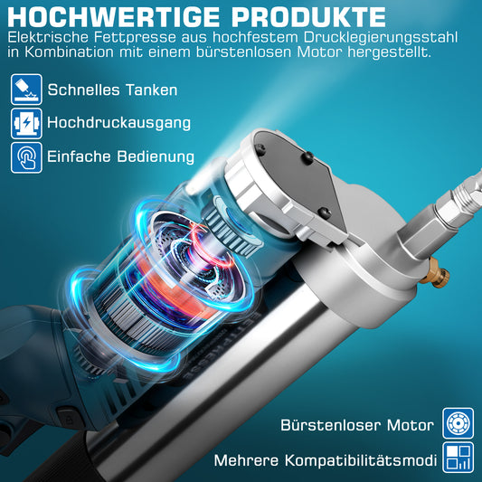 Akku Fettpresse 12000 PSI kabellos mit LED, 2-in-1 Griff, 160 g/min, 18–21V, inkl. 2 Akkus, Ladegerät & Düsen für Auto, Werkstatt & Maschinen kaufen - Irondelic