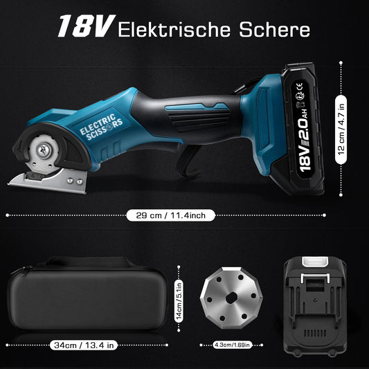18V Akku Elektroschere 2Ah mit USB-C, bürstenlos 440 U/min, 9 mm Schnittkapazität, LED, kompatibel mit 18V Akkus - Irondelic