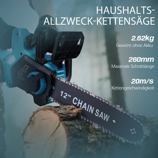 Akku Kettensäge 12 Zoll, 20 m/s, 2x 4Ah Akku, 1000W bürstenlos, automatische Kettenspannung, kabellos, leistungsstark und handlich - Irondelic