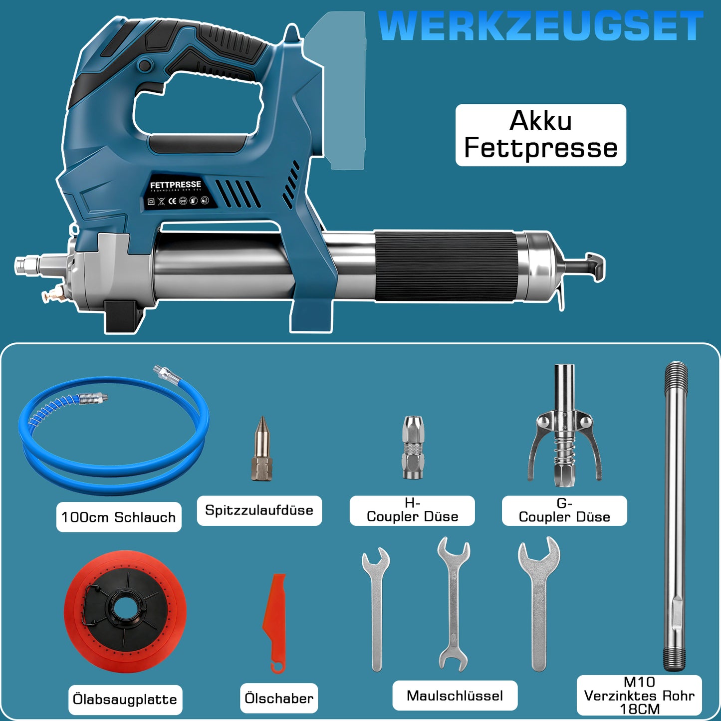 Akku-Fettpresse kabellos 18–21V mit Digitaler Steuerung und 15000 PSI – Präzise Schmierung für Garten- und Maschinenwartung, inklusive 2x2Ah Akkus - undefined