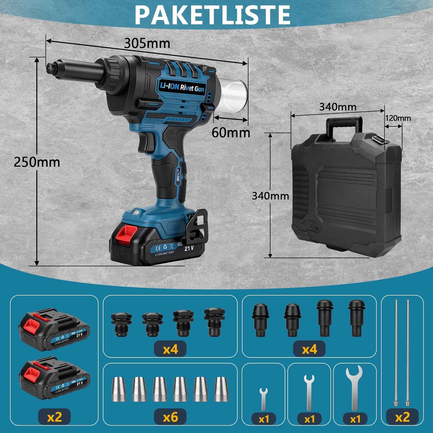 Akku Blindnietgerät 10kN Bürstenlos 2 Akkus Nietpistole 2.4-6.0 mm für Aluminium Stahl Edelstahl Blindnieten Set