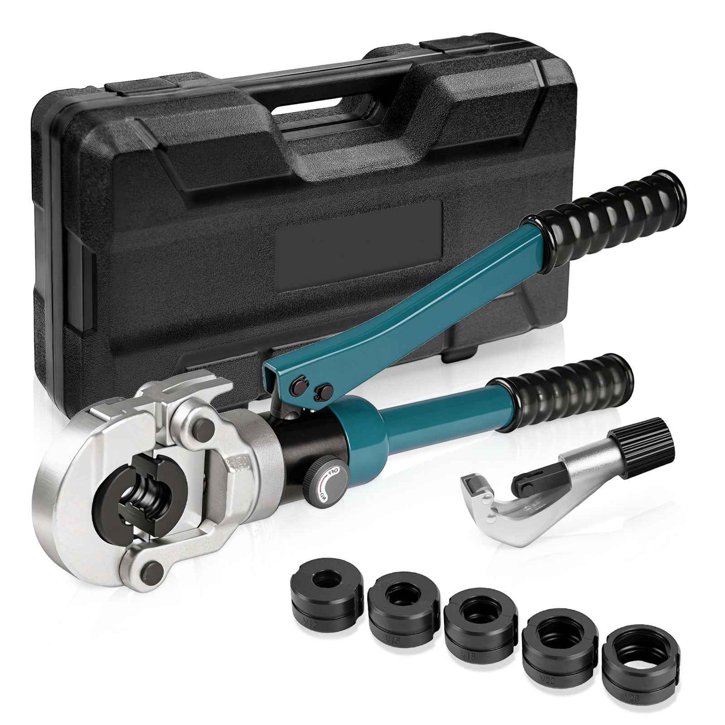 Hydraulische Presszange 100kN Set V Kontur 12-28 mm Rohrpresszange für Kupfer Edelstahl inkl Pressbacken Rohrschneider