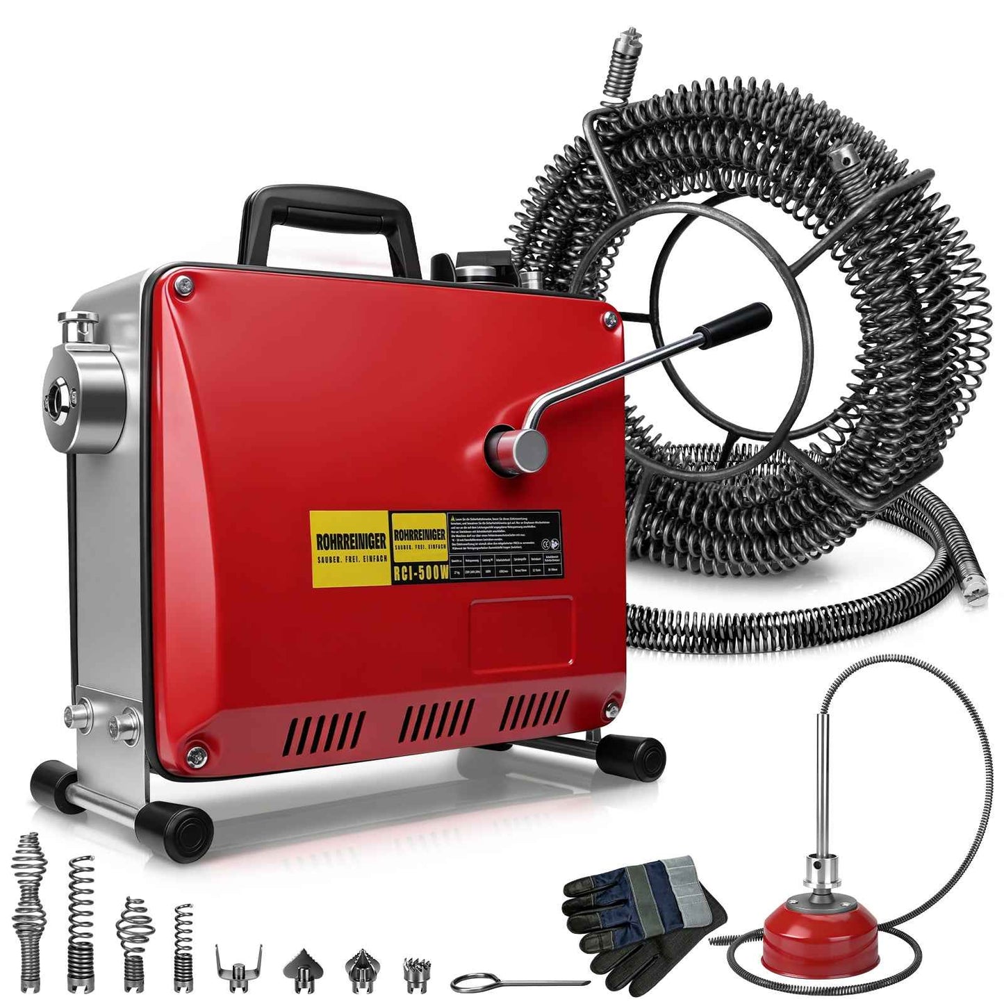Irondelic 500W Elektrische Rohrreinigungsmaschine Set | Profi Abflussreiniger mit 10mm & 16mm Spiralen | Gewerblicher Rohrreiniger für Ø30-100mm