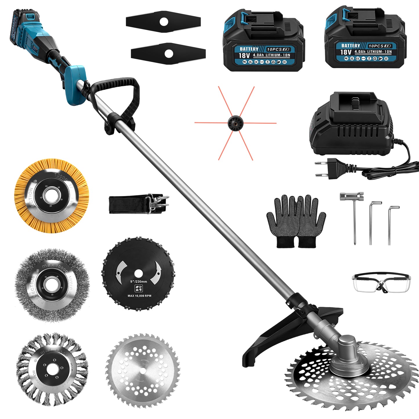 Akku Freischneider 18V 1380W mit 2 Akkus – Bürstenlose Motorsense, Kompatibler Rasentrimmer, Multifunktionaler Unkrautentferner mit Sägeblatt & Messer - Irondelic