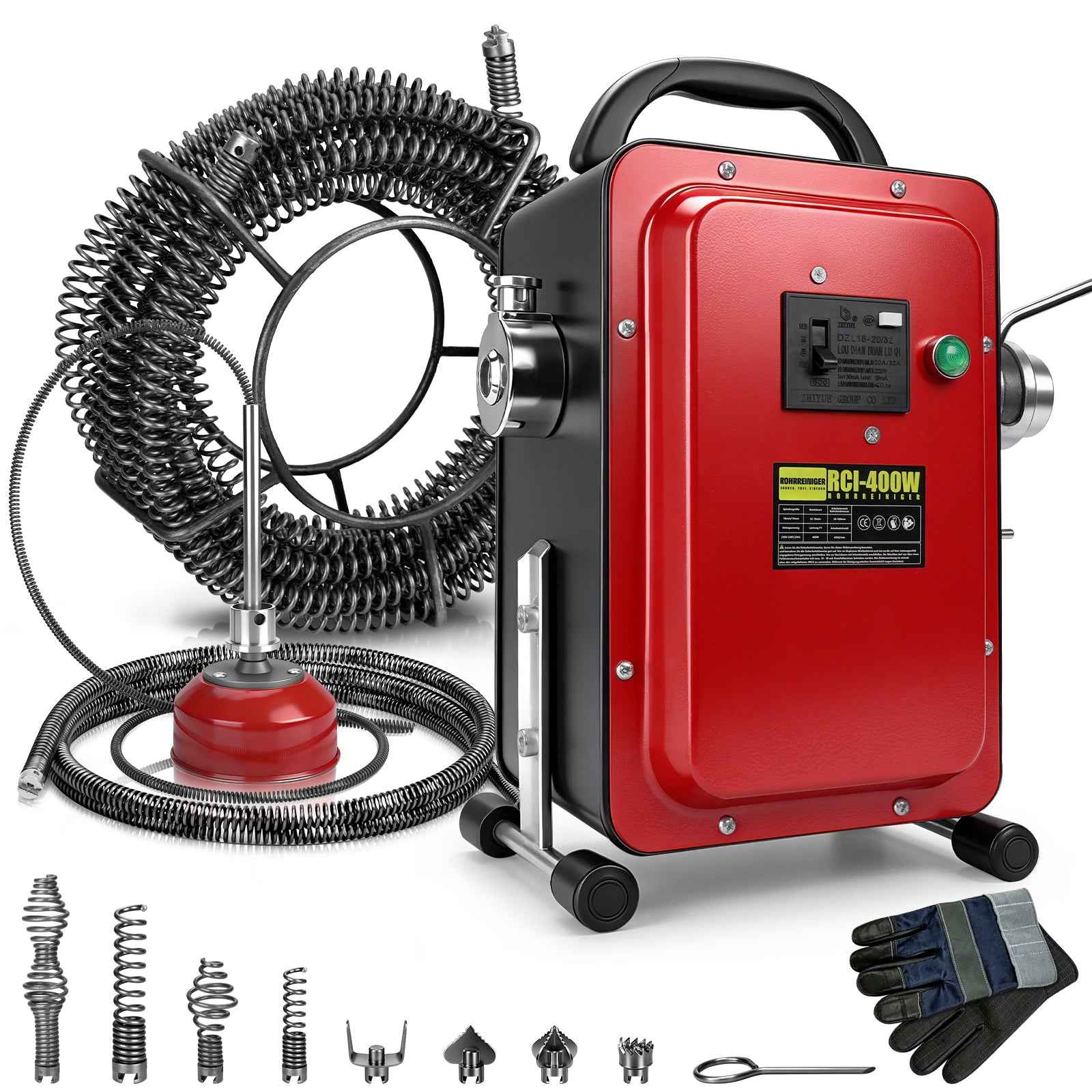 Irondelic 400W Elektrische Rohrreinigungsmaschine Set | Profi Abflussreiniger mit FI-Schutzschalter | Universal Rohrreiniger für Rohre Ø20-100mm