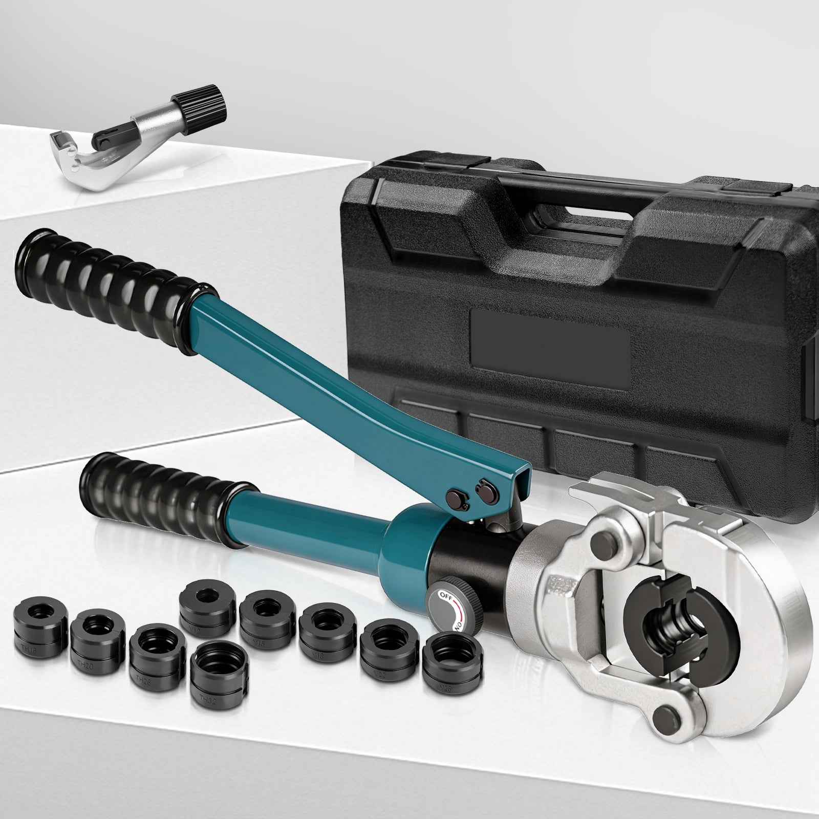 Hydraulische Presszange 100kN Set V TH Kontur 12-32 mm Rohrpresszange für Kupfer Edelstahl PEX inkl Pressbacken Rohrschneider