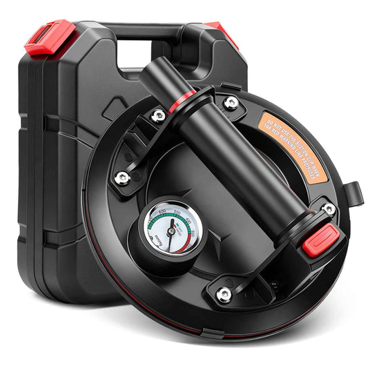 Irondelic Profi Vakuum-Saugheber 200mm mit Barometer | 120kg Pumpensaugheber | Glasheber & Fliesenheber mit Druckanzeige im Koffer