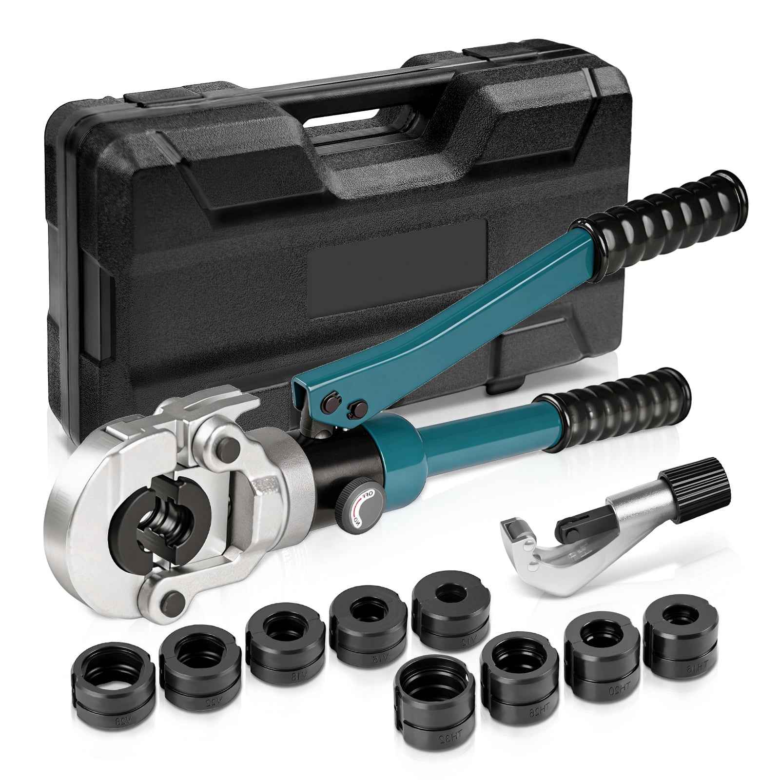 Hydraulische Presszange 100kN Set V TH Kontur 12-32 mm Rohrpresszange für Kupfer Edelstahl PEX inkl Pressbacken Rohrschneider