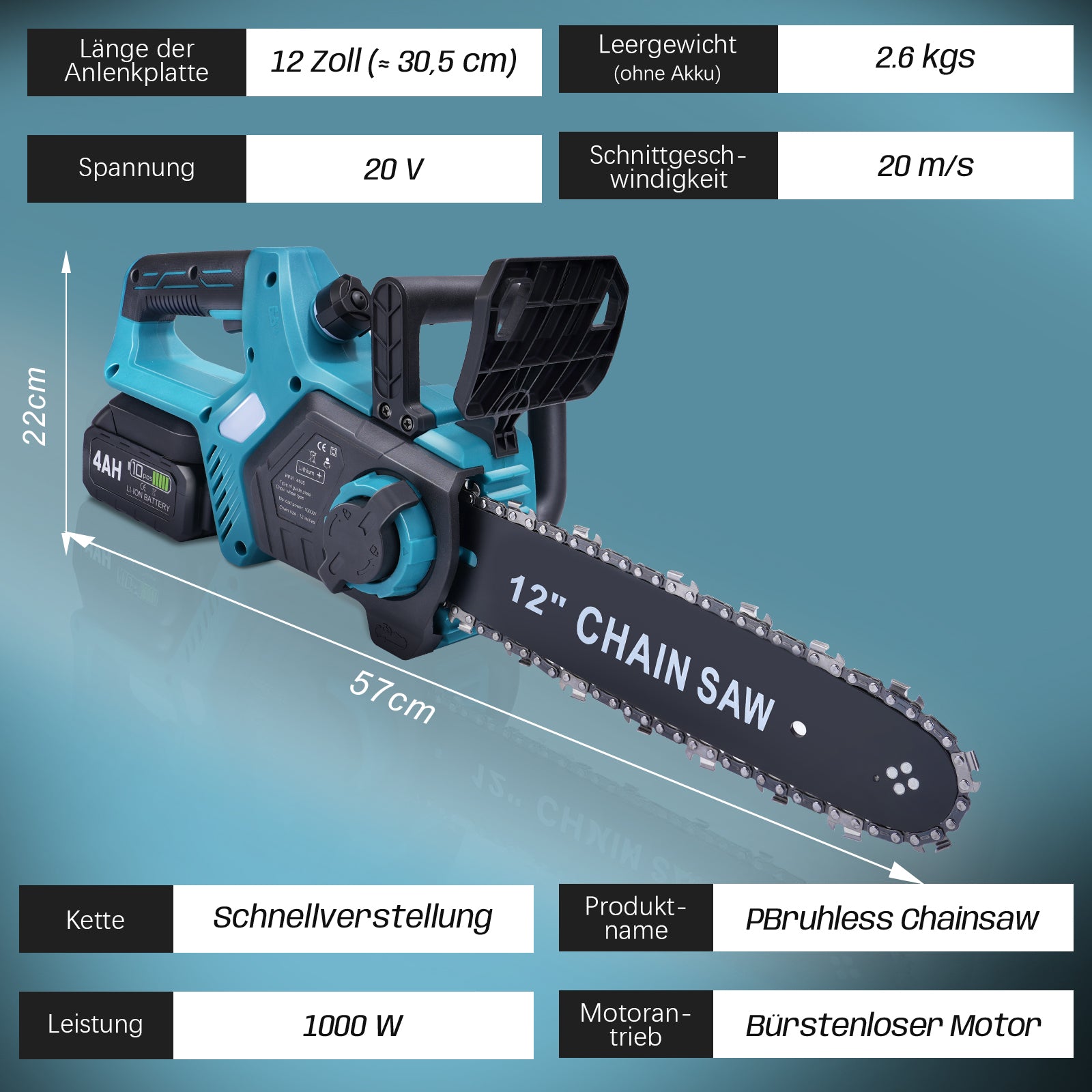 Akku Kettensäge 12 Zoll, 20 m/s, 2x 4Ah Akku, 1000W bürstenlos, automatische Kettenspannung, kabellos, leistungsstark und handlich - Irondelic