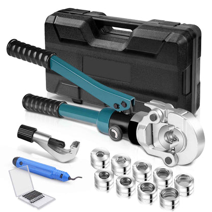 Irondelic 100kN Hydraulische Rohrpresszange Set | V- & TH-Kontur Presszange für Kupfer & PEX | Profi Presswerkzeug mit Rohrabschneider im Koffer