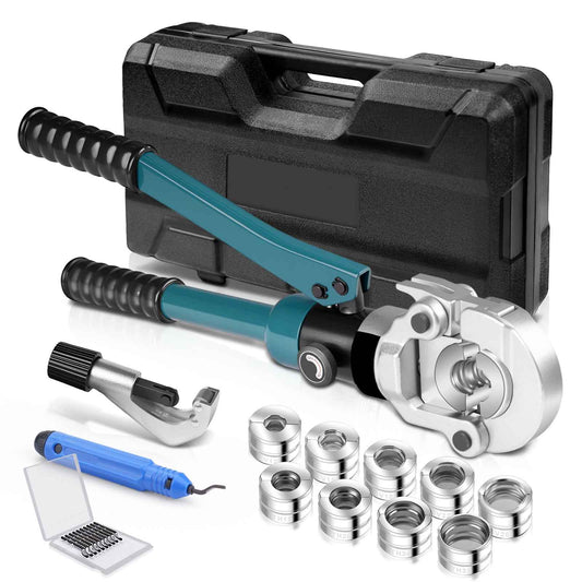 Irondelic 100kN Hydraulische Rohrpresszange Set | V- & TH-Kontur Presszange für Kupfer & PEX | Profi Presswerkzeug mit Rohrabschneider im Koffer
