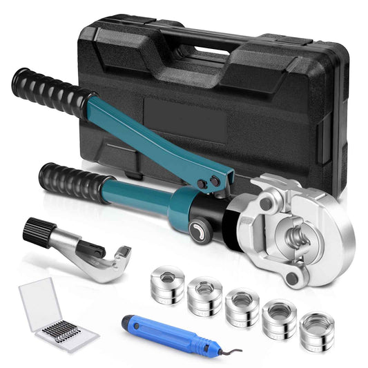 Irondelic 100kN Hydraulische Rohrpresszange Set | V-Kontur Presszange für Kupfer & Edelstahl | Profi Presswerkzeug mit Rohrabschneider im Koffer