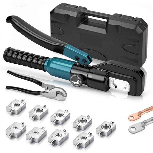 Irondelic Hydraulische Crimpzange 4–70 mm² Set mit 9 Pressbacken, Kabelschneider & Koffer