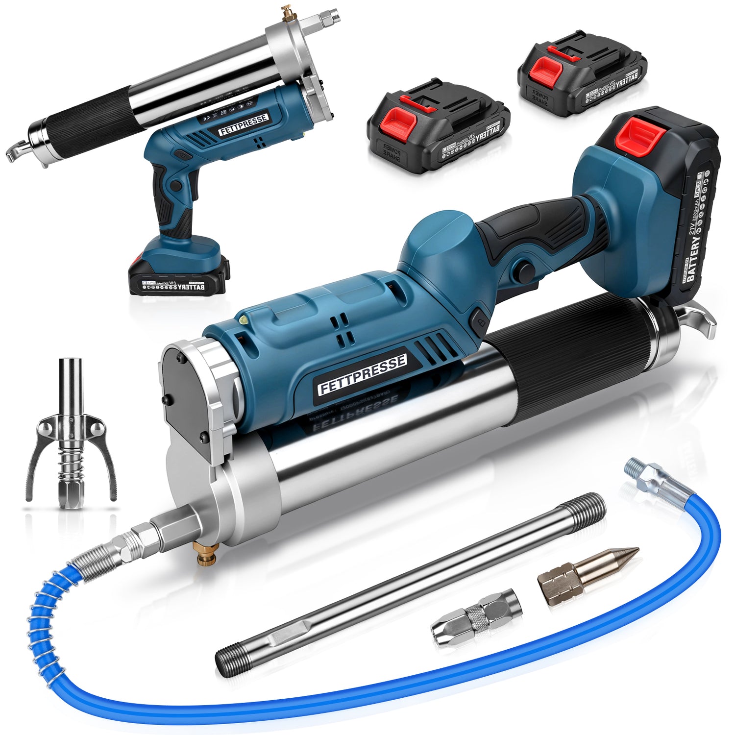Akku Fettpresse 12000 PSI kabellos mit LED, 2-in-1 Griff, 160 g/min, 18–21V, inkl. 2 Akkus, Ladegerät & Düsen für Auto, Werkstatt & Maschinen kaufen - Irondelic
