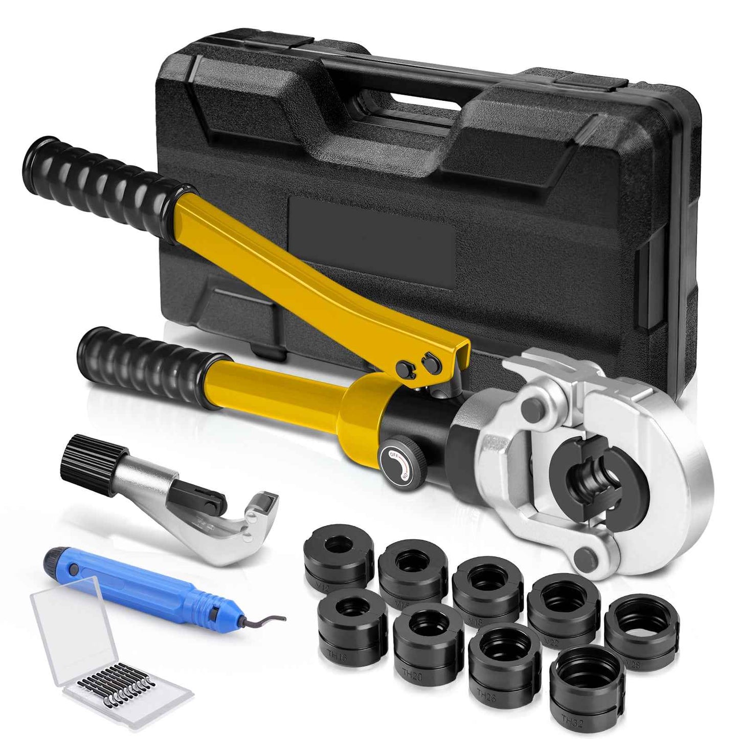 Irondelic 100kN Hydraulische Zange Set V/TH-Kontur | Rohrpresszange für Kupfer & PEX Verbundrohr | Profi Presswerkzeug Komplettset im Koffer