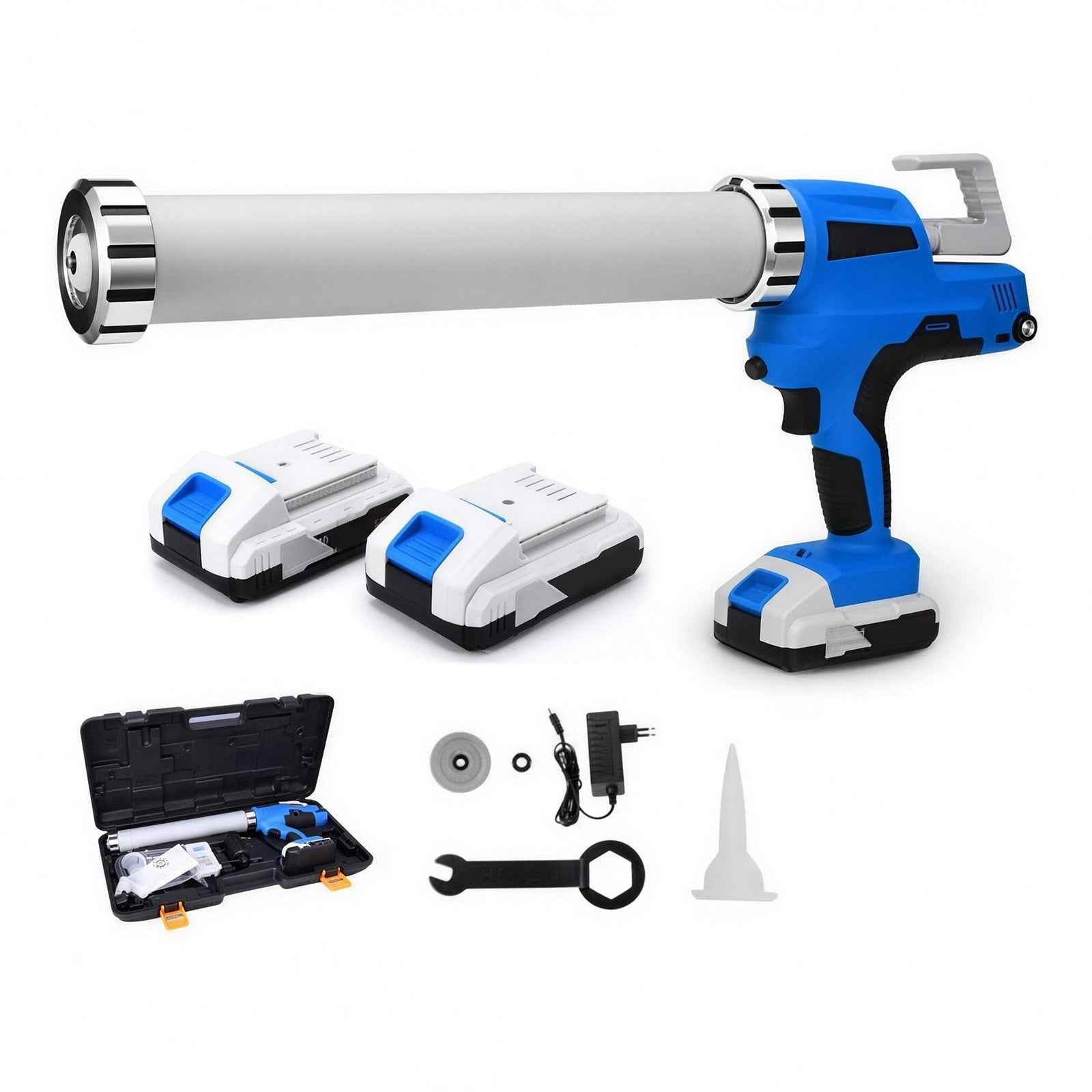 Irondelic Akku-Kartuschenpresse 21V Set mit 2x Akkus | 6500N Profi Auspressgerät für 310ml & 600ml | 6-Gang Fugen-Dichtstoffpresse im Koffer