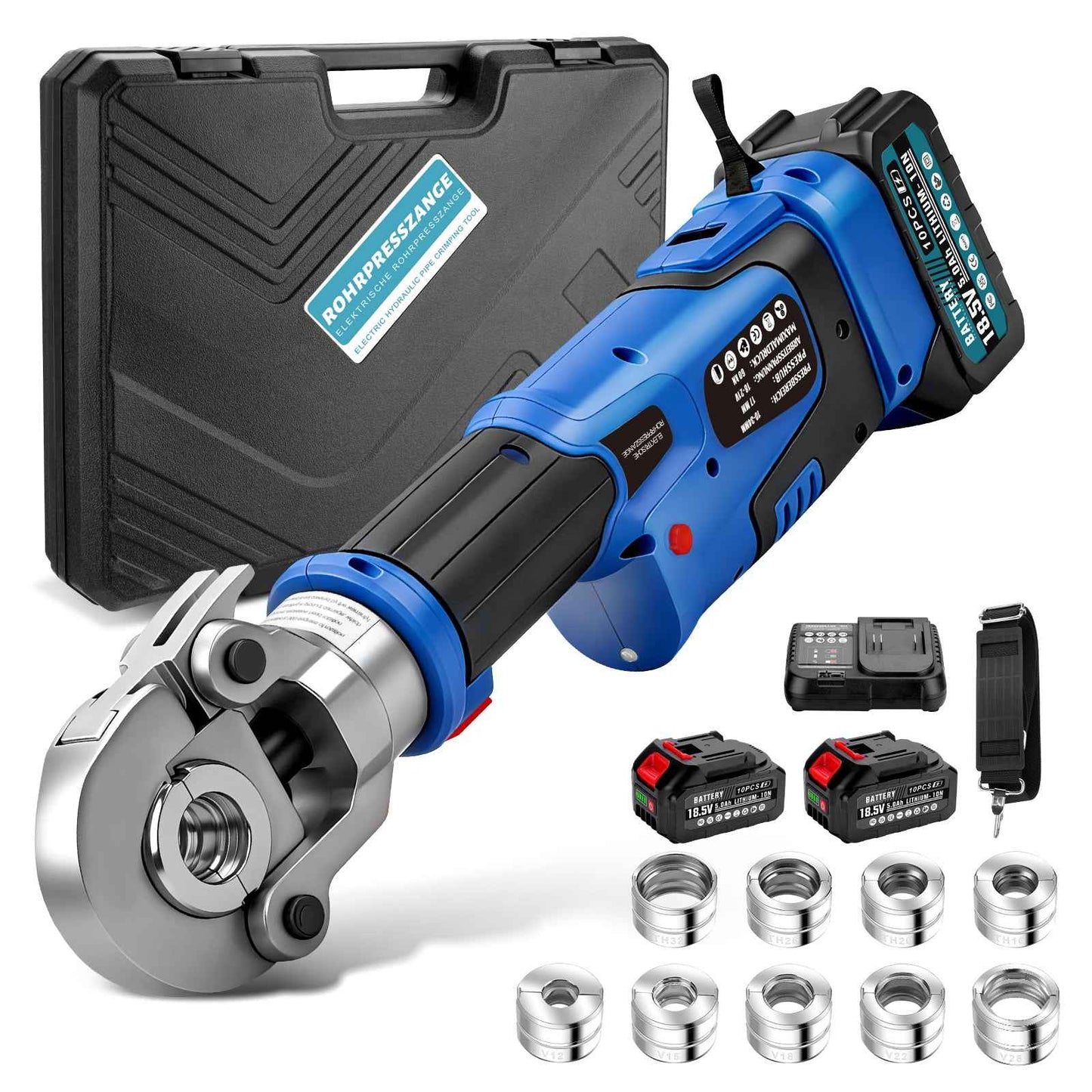 rondelic Akku Presszange Elektrohydraulisch mit 9 Pressbacken TH & V Profil, 2×5,0Ah Akku, Rohrpresszange für Kupfer-, Edelstahl- & Verbundrohre
