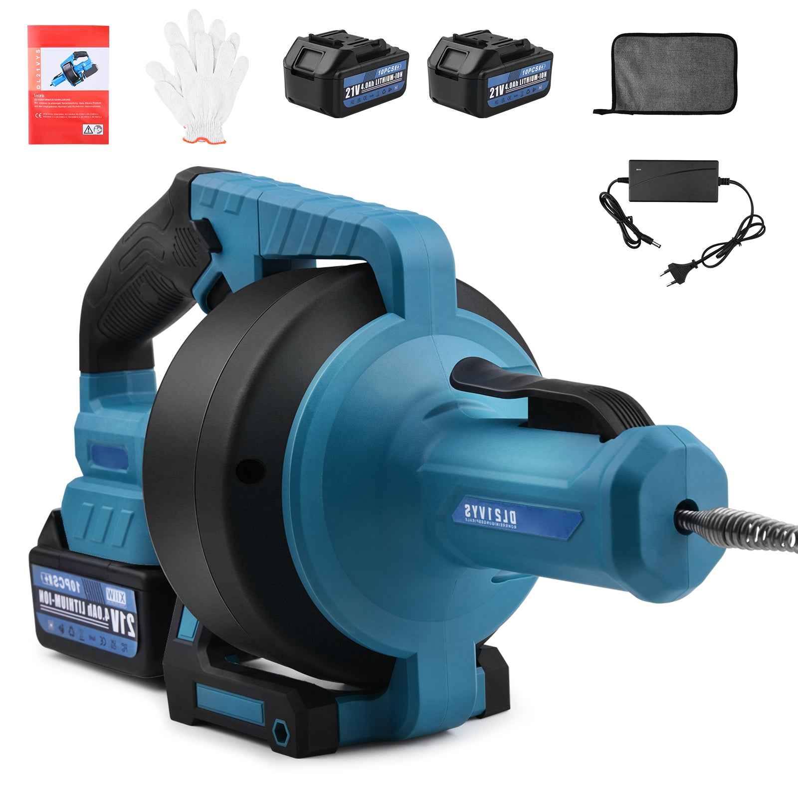Irondelic 21V Akku-Rohrreinigungsmaschine automatisch | Tragbarer Abflussreiniger 7,6m | Profi Rohrreiniger Set inkl. 2x 4.0Ah Akkus