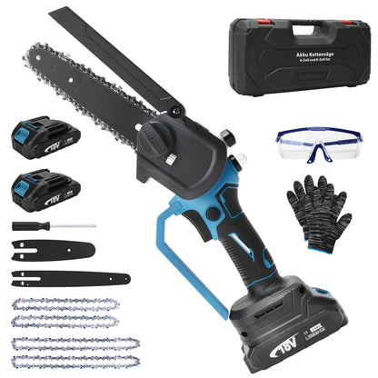 Irondelic Bürstenlose Mini-Akkukettensäge 450W | 6- & 8-Zoll Set mit automatischer Ölung | Leichte Einhand-Gartensäge kompatibel mit Makita 18V im Koffer