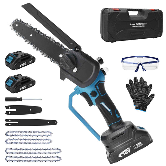 Irondelic Bürstenlose Mini-Akkukettensäge 450W | 6- & 8-Zoll Set mit automatischer Ölung | Leichte Einhand-Gartensäge kompatibel mit Makita 18V im Koffer
