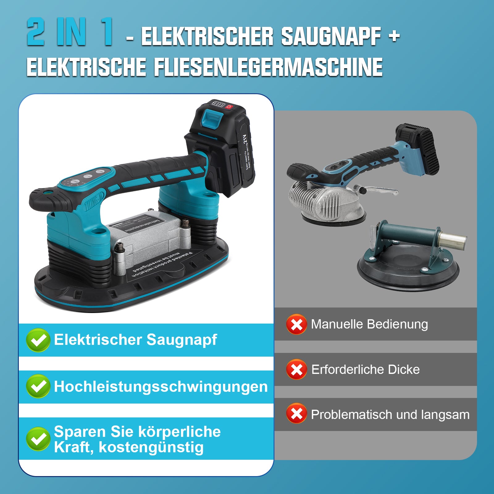 Fliesenrüttler Akku 1800W mit Saugnapf - 6 Stufen, 2 Akkus, Fliesenverlegegerät für Wand und Bodenfliesen - Irondelic