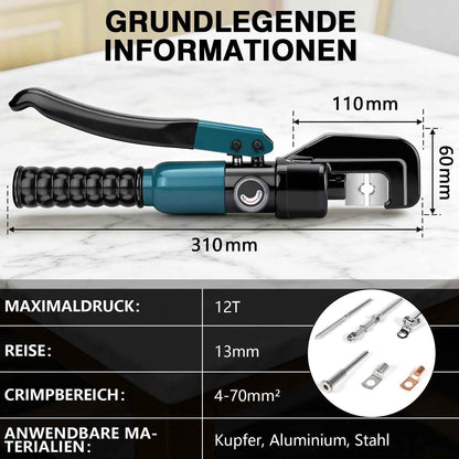 Irondelic Hydraulische Crimpzange 4–70 mm² Set mit 9 Pressbacken, Kabelschneider & Koffer