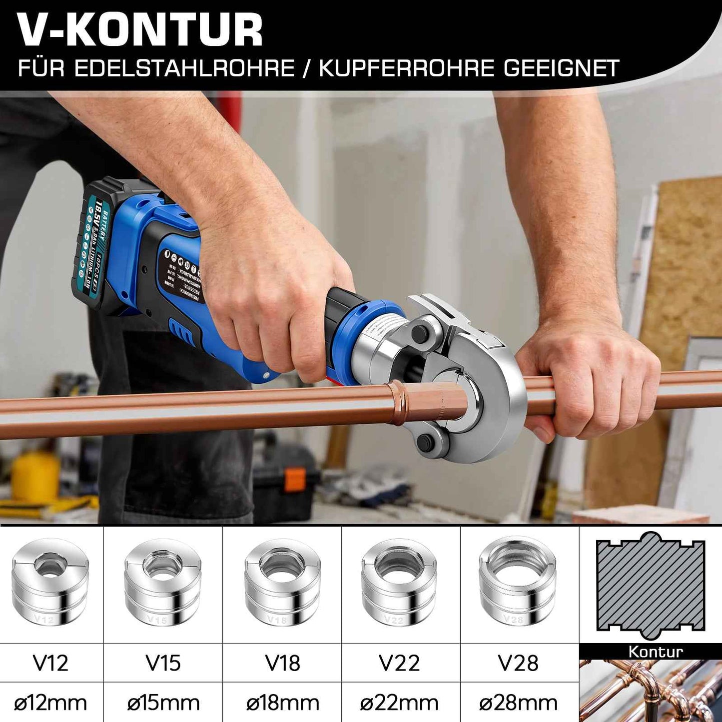 rondelic Akku Presszange Elektrohydraulisch mit 9 Pressbacken TH & V Profil, 2×5,0Ah Akku, Rohrpresszange für Kupfer-, Edelstahl- & Verbundrohre