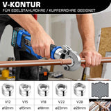 Irondelic Akku Presszange Elektrohydraulisch mit 9 Pressbacken TH & V Profil, 2×5,0Ah Akku, Rohrpresszange für Kupfer-, Edelstahl- & Verbundrohre - Irondelic