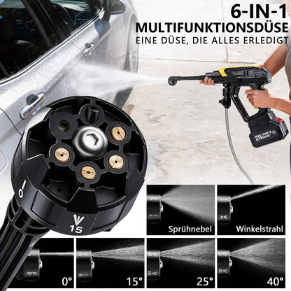 Irondelic Akku-Hochdruckreiniger 21V Set mit 2x 4.0Ah Akkus | 45 bar Tragbare Akku-Waschpistole | 6-in-1 Düse & Selbstansaugend im Koffer