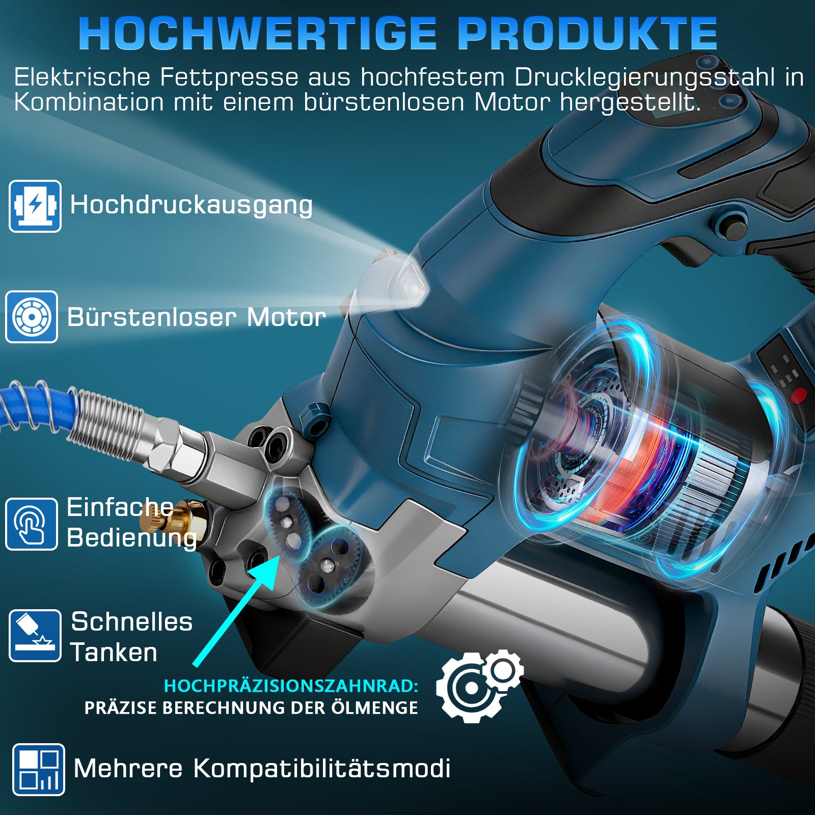 Akku-Fettpresse kabellos 18–21V mit Digitaler Steuerung und 15000 PSI – Präzise Schmierung für Garten- und Maschinenwartung, inklusive 2x2Ah Akkus - undefined