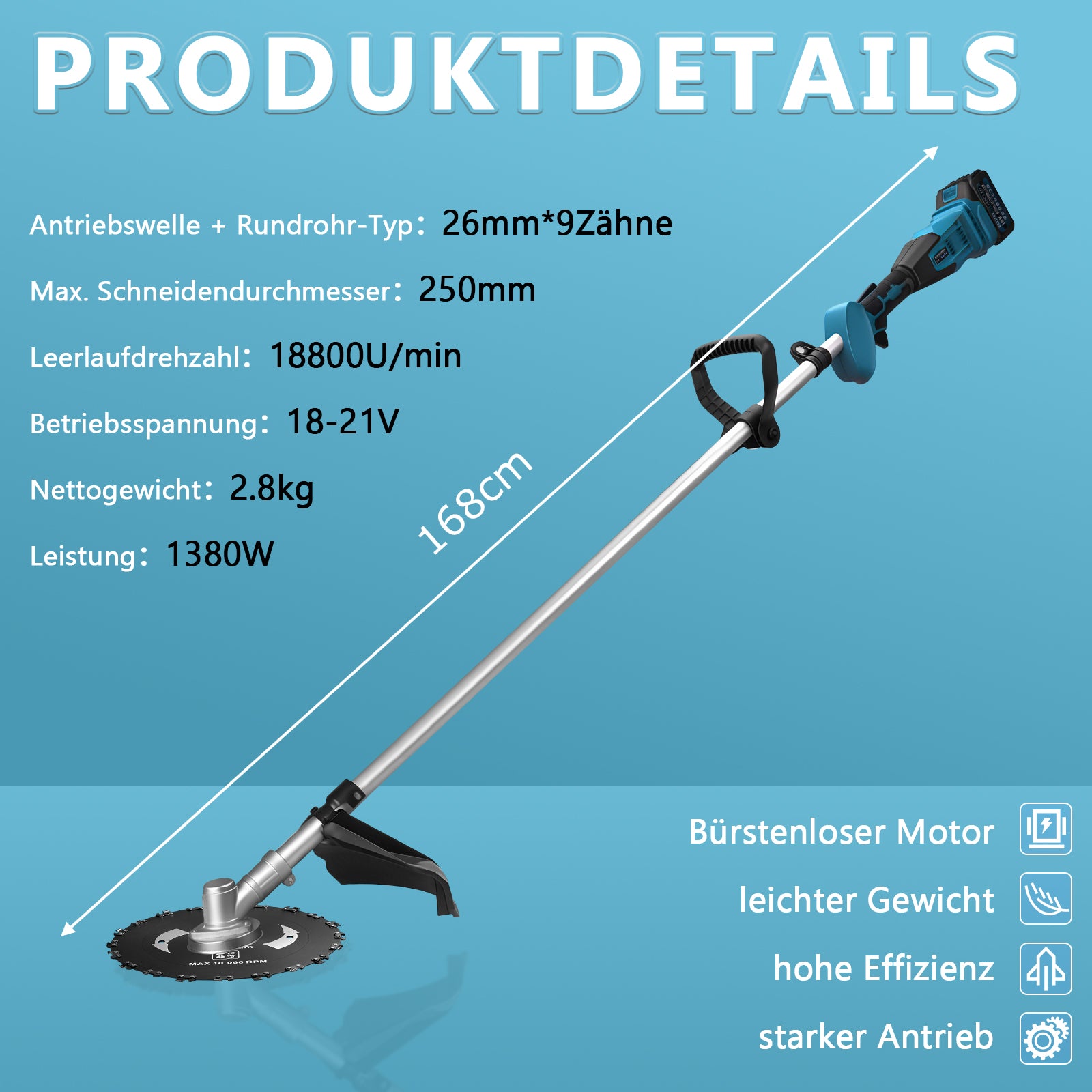 Irondelic Akku Freischneider 18V 1380W mit 2 Akkus – Bürstenlose Motorsense, Kompatibler Rasentrimmer, Multifunktionaler Unkrautentferner mit Sägeblatt & Messer - Irondelic
