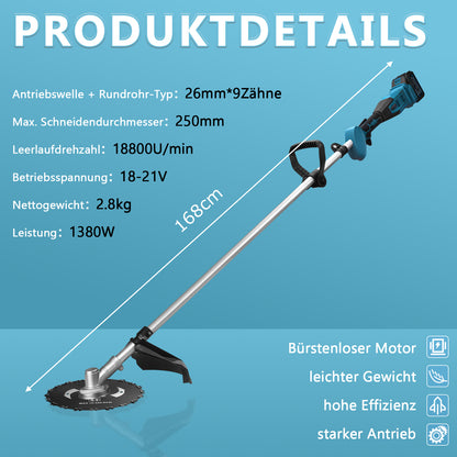 Akku Freischneider 18V 1380W mit 2 Akkus – Bürstenlose Motorsense, Kompatibler Rasentrimmer, Multifunktionaler Unkrautentferner mit Sägeblatt & Messer - Irondelic