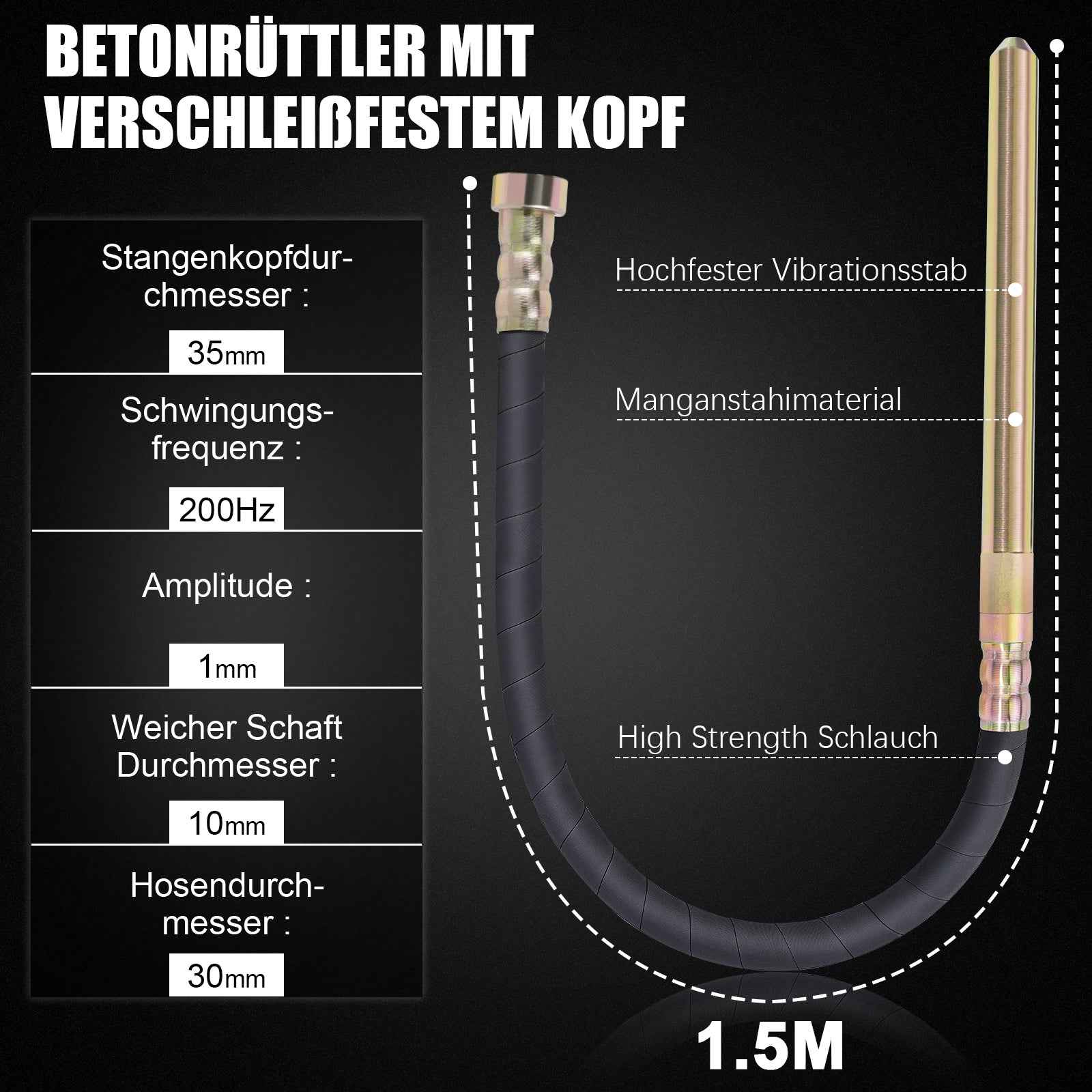 Irondelic Akku-Betonrüttler 18V Set mit 1x Akku | Kabelloser Innenrüttler 6000 U/min | 35mm Flaschenrüttler für Fundamente & Garten