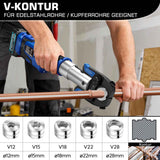 Irondelic Akku Presszange Elektrohydraulisch mit 9 Pressbacken TH & V Profil, 2×5,0Ah Akku für Kupfer-, Edelstahl-, PEX- & Verbundrohre - Irondelic
