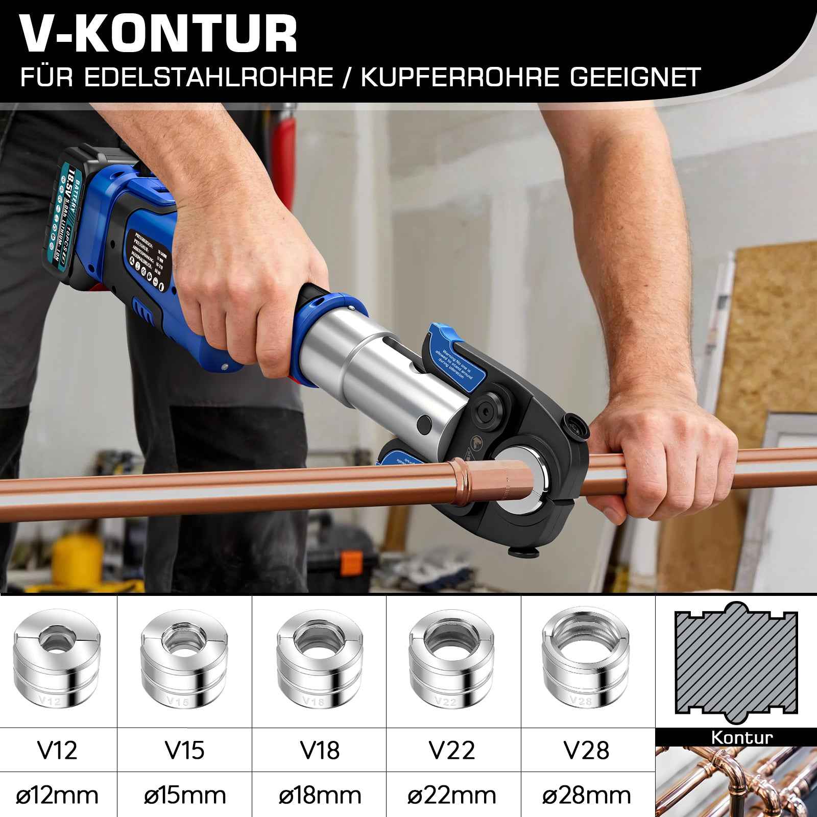 Irondelic Akku Presszange Elektrohydraulisch mit 9 Pressbacken TH & V Profil, 2×5,0Ah Akku für Kupfer-, Edelstahl-, PEX- & Verbundrohre - Irondelic