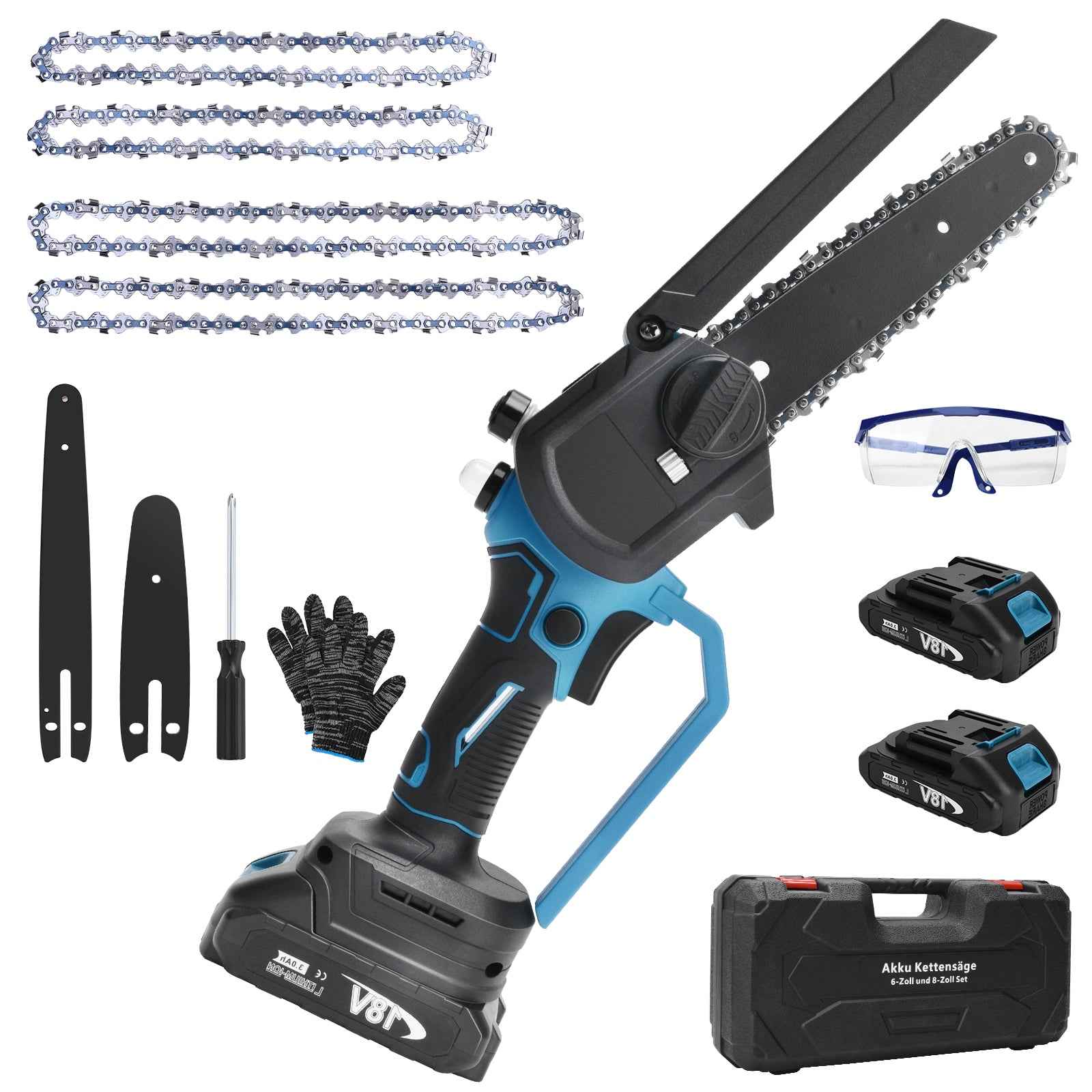 Irondelic Bürstenlose Mini-Akkukettensäge 450W | 6- & 8-Zoll Set mit automatischer Ölung | Leichte Einhand-Gartensäge kompatibel mit Makita 18V im Koffer