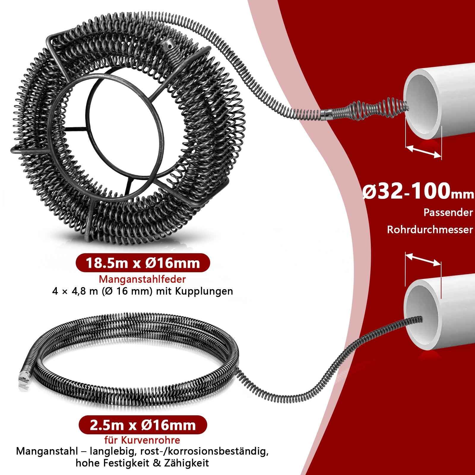 Irondelic 500W Elektrische Rohrreinigungsmaschine Set | Profi Abflussreiniger mit 10mm & 16mm Spiralen | Gewerblicher Rohrreiniger für Ø30-100mm