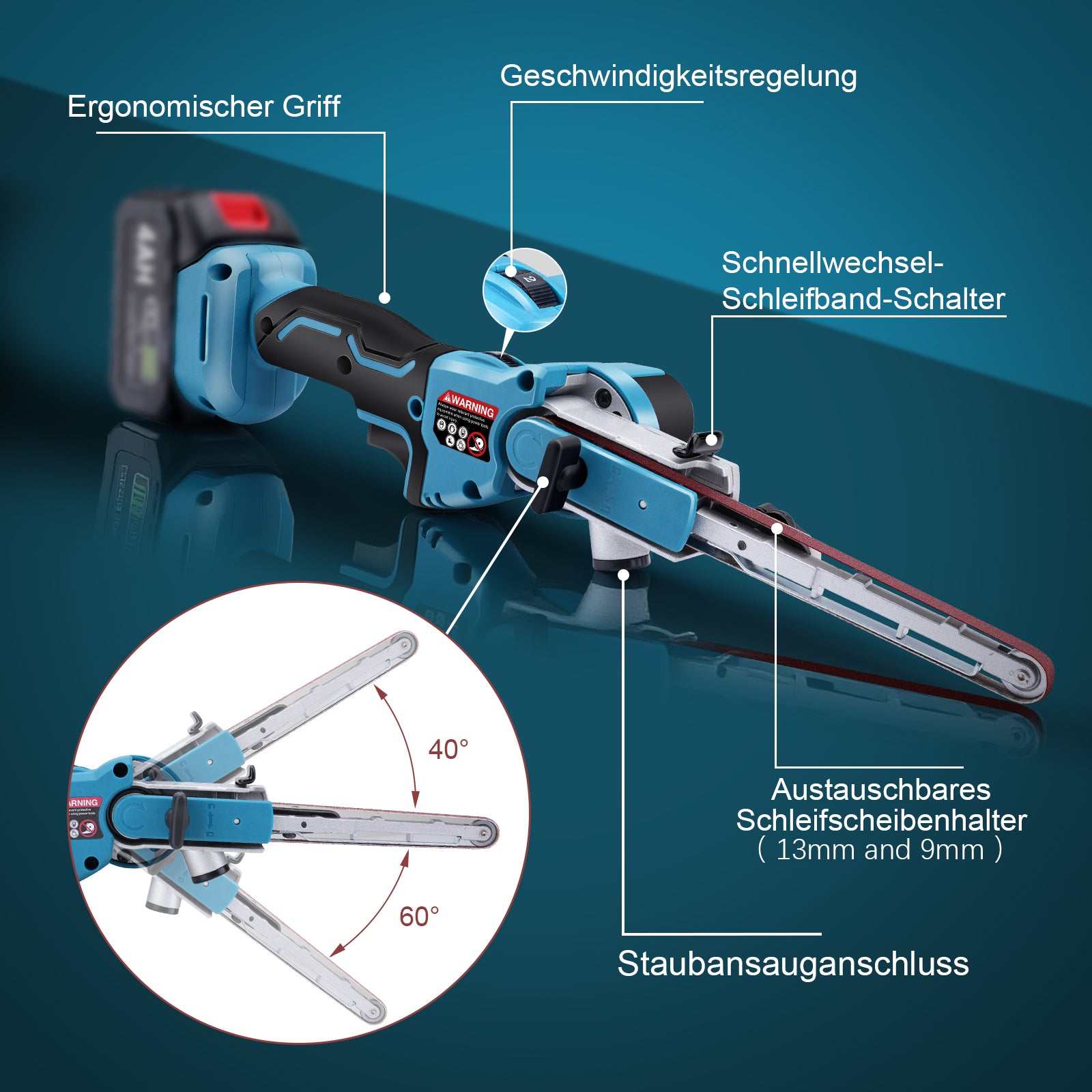 Kabelloser Mini-Bandschleifer mit 6 Geschwindigkeiten, 9/13mm Schleifband, Staubanschluss und 2×2Ah Akku – Präzises Schleifen für Holz und Metall - Irondelic