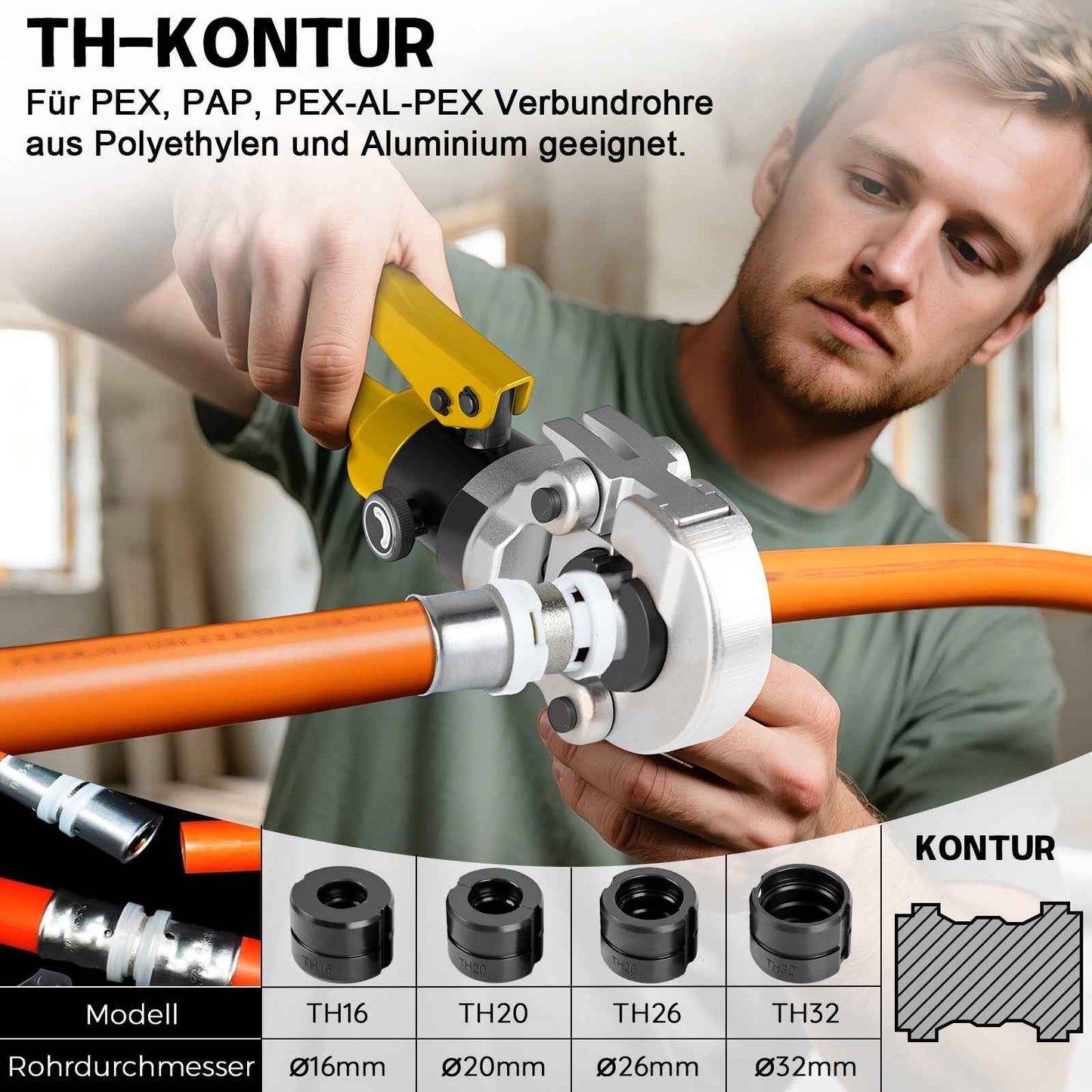 Irondelic 100kN Hydraulische Zange Set V/TH-Kontur | Rohrpresszange für Kupfer & PEX Verbundrohr | Profi Presswerkzeug Komplettset im Koffer