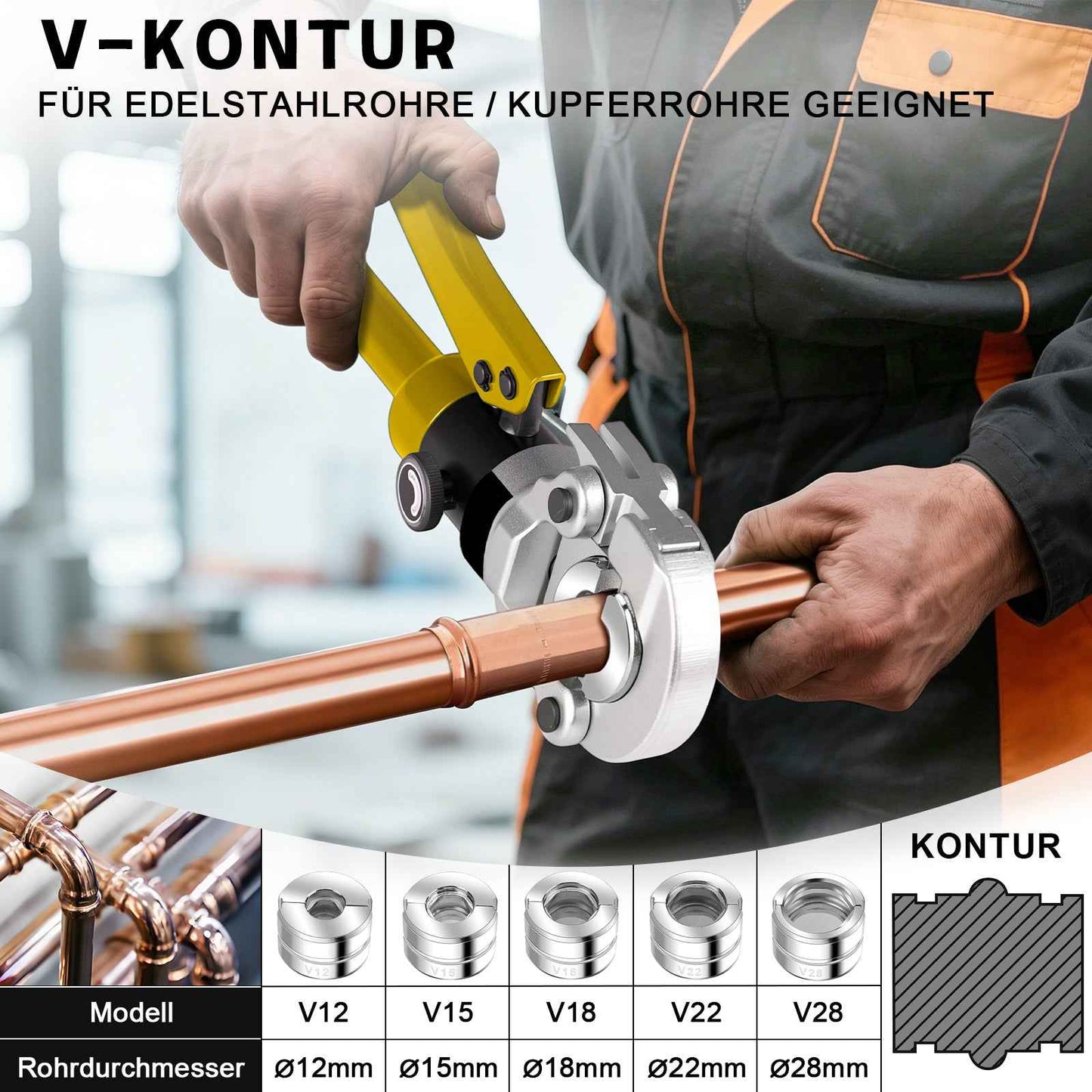 Irondelic 100kN Hydraulische Presszange Set V/TH | Rohrpresszange für Kupfer & PEX Verbundrohr | Profi Presswerkzeug mit Rohrabschneider im Koffer