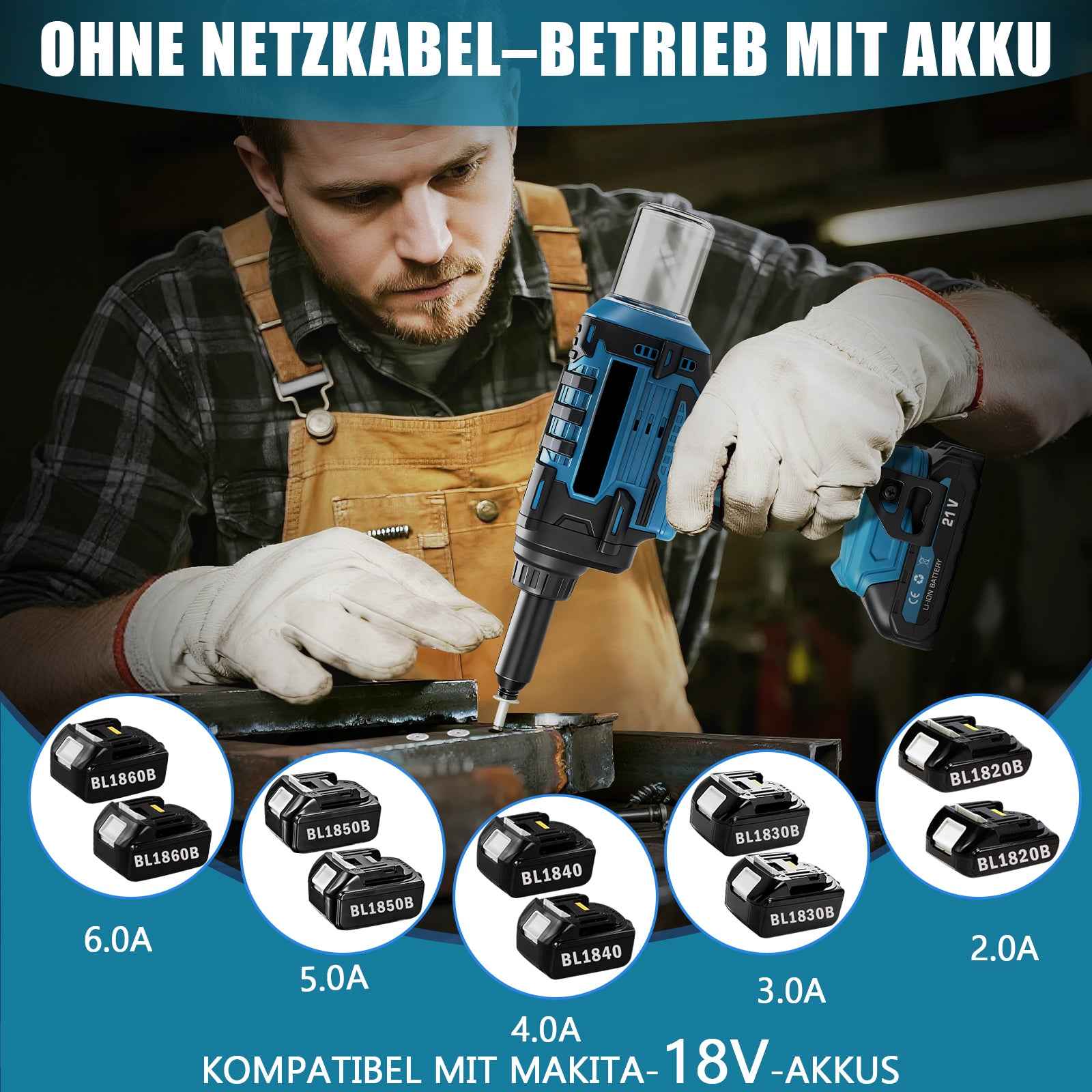 Akku Blindnietgerät 10kN Bürstenlos 2 Akkus Nietpistole 2.4-6.0 mm für Aluminium Stahl Edelstahl Blindnieten Set