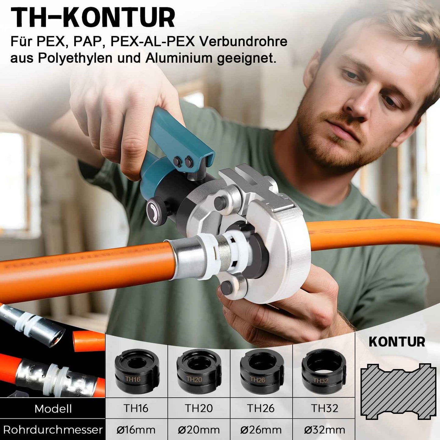 Irondelic 100kN Hydraulische Rohrpresszange Set | TH16-32 Presszange für PEX Verbundrohr | Profi Presswerkzeug mit Rohrabschneider im Koffer
