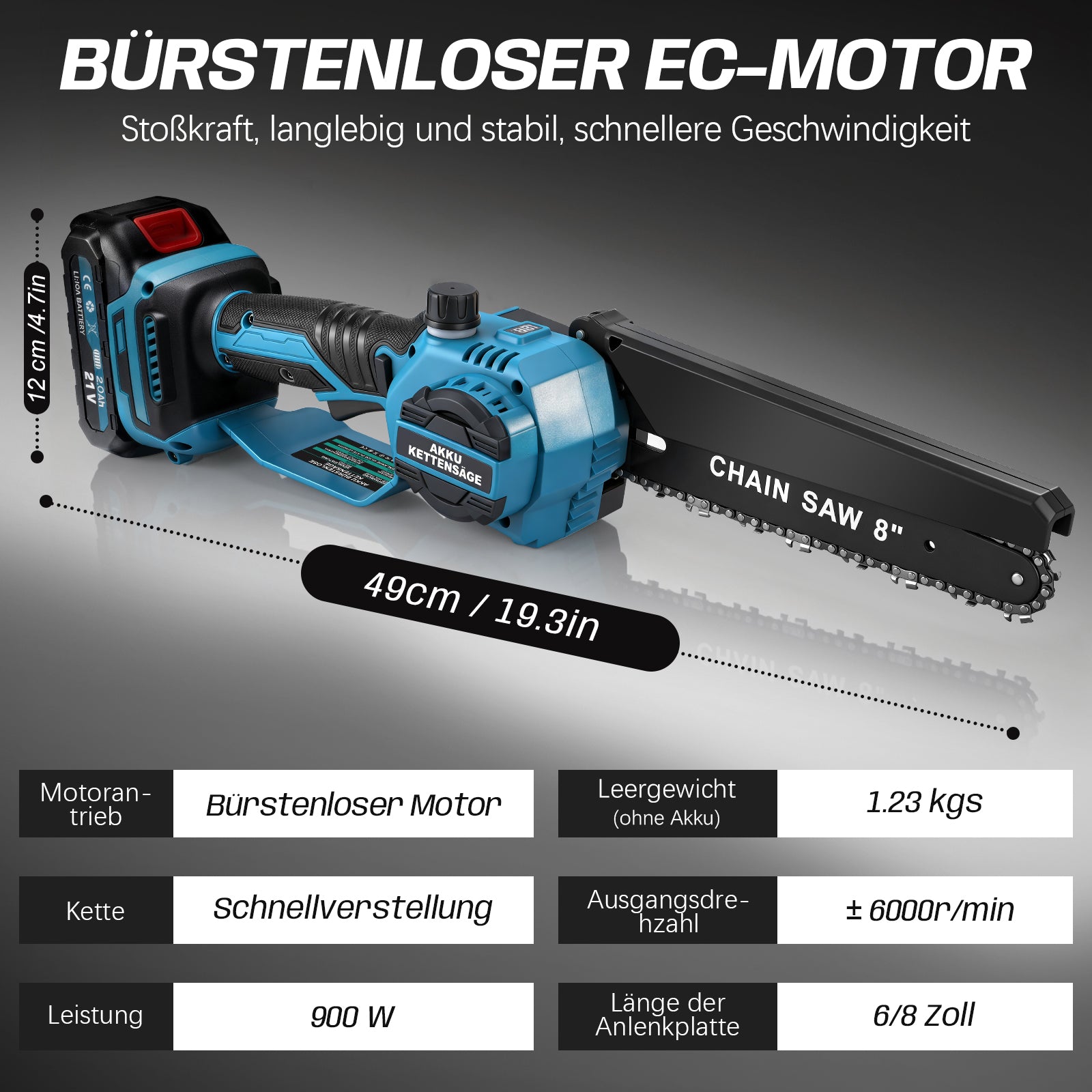 Mini Akku Kettensäge 900W - 6/8 Zoll, 2x 2000mAh Akku, bürstenlos, automatische Kettenspannung, kabellos für müheloses Schneiden - Irondelic