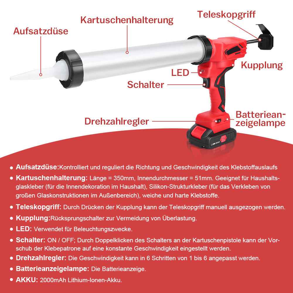 Irondelic 500W Akku-Kartuschenpresse 7840N | Profi Auspressgerät mit 2x Akkus | 6-Gang Fugen-Dichtstoffpresse für 310ml & 600ml im Koffer