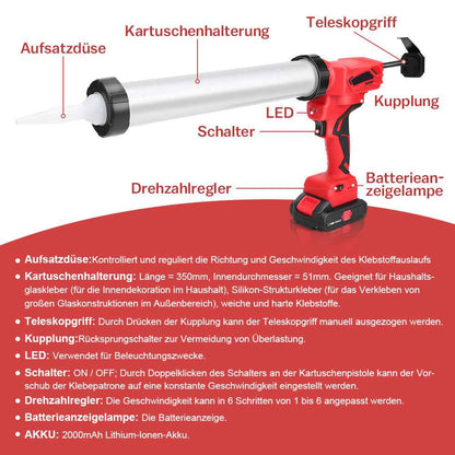 Irondelic 500W Akku-Kartuschenpresse 7840N | Profi Auspressgerät mit 2x Akkus | 6-Gang Fugen-Dichtstoffpresse für 310ml & 600ml im Koffer