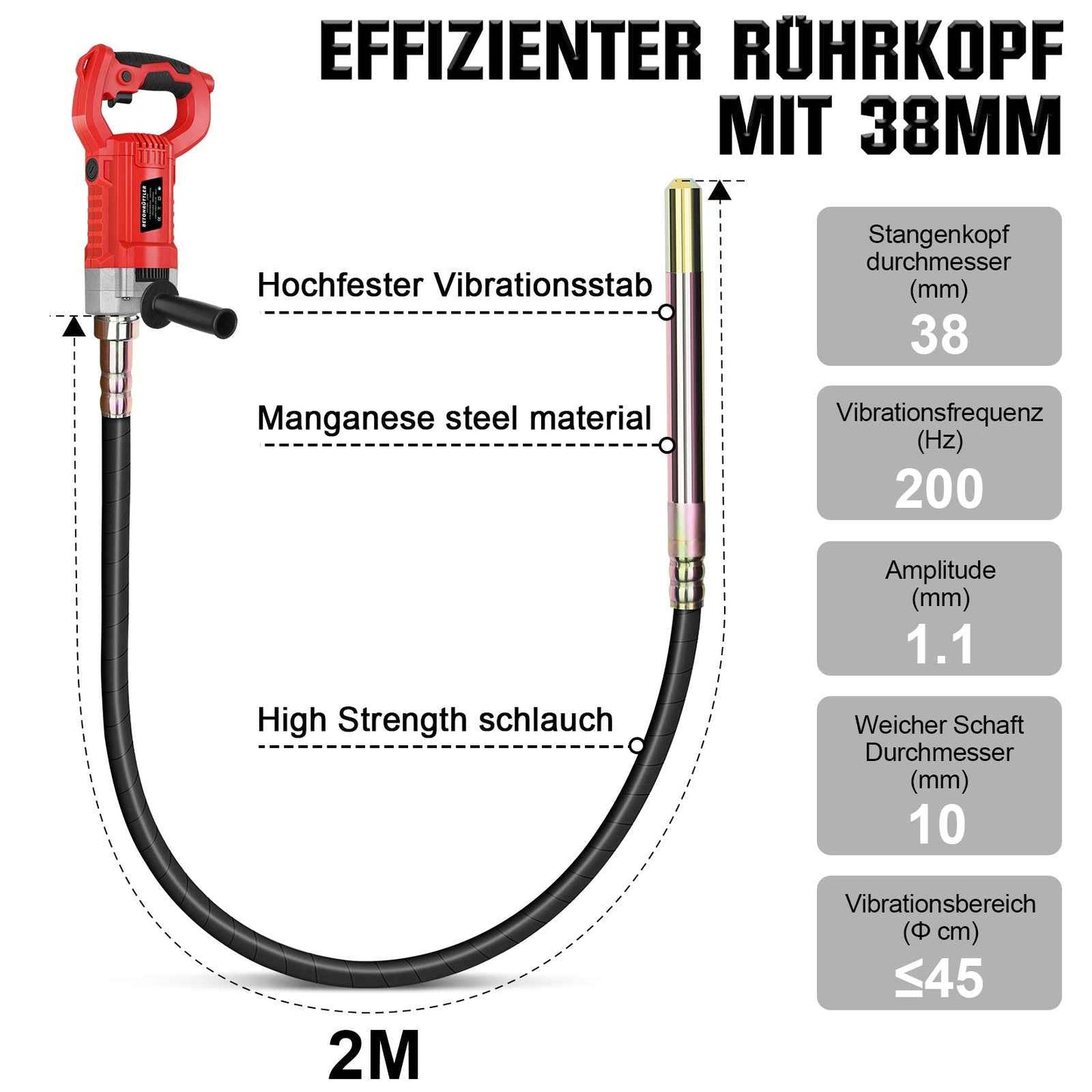 Irondelic 2100W Betonrüttler mit 2m Rüttelflasche Ø38mm | Profi Innenrüttler 220Hz | Starker Flaschenrüttler für Fundamente & Bodenplatten