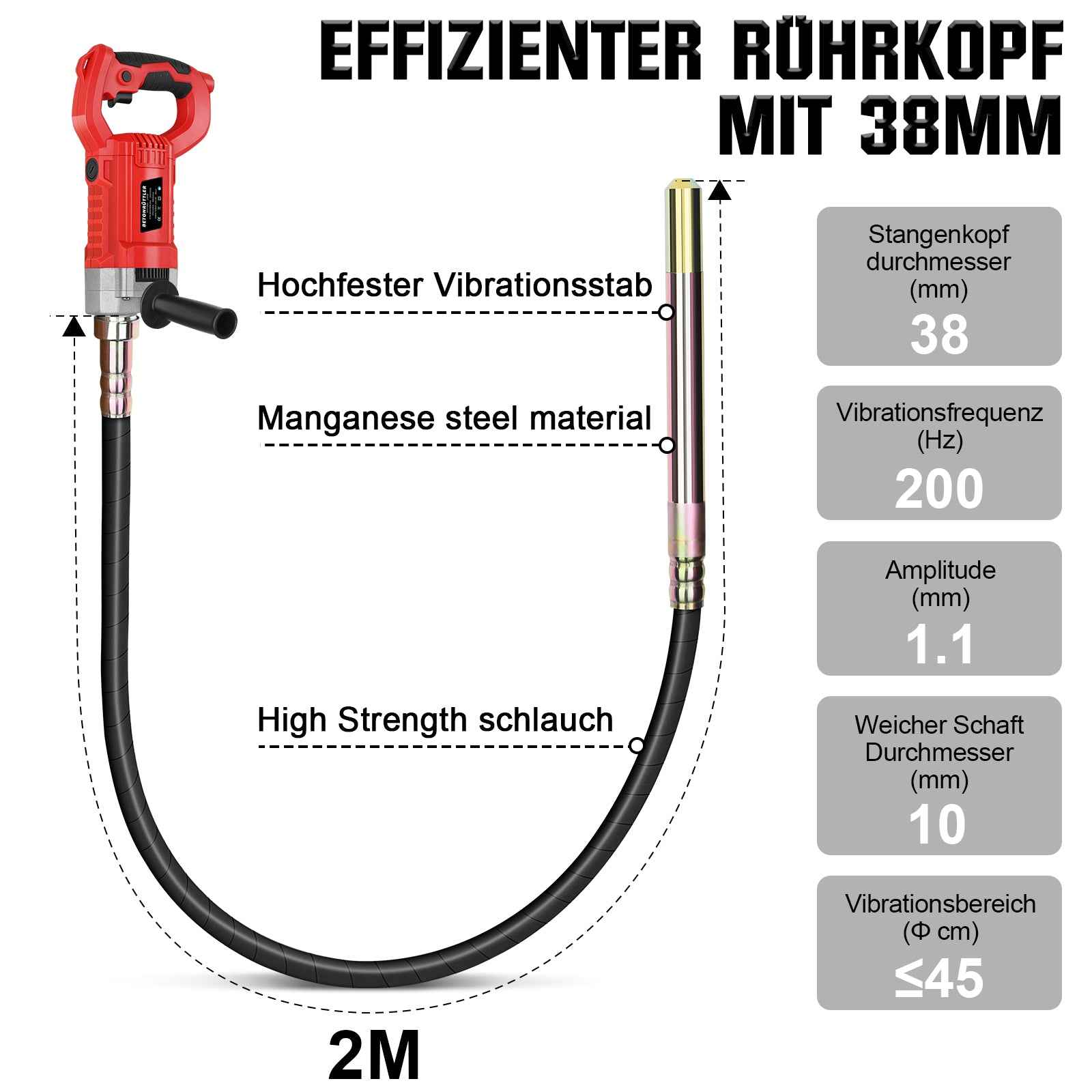 Irondelic 2100W Betonrüttler mit 2m Rüttelflasche Ø38mm | Profi Innenrüttler 220Hz | Starker Flaschenrüttler für Fundamente & Bodenplatten