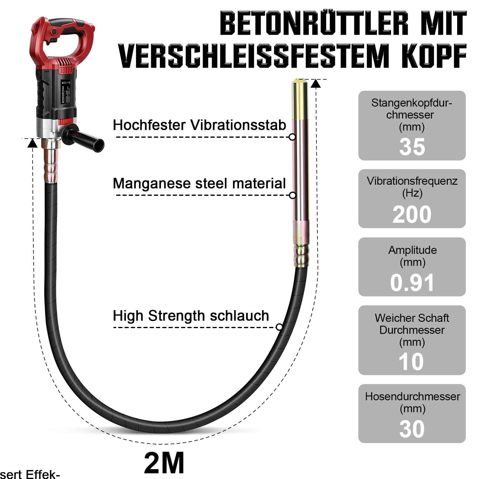 Irondelic 1800W Betonrüttler mit 2m Rüttelflasche | Elektrischer Innenrüttler 6000 U/min | Profi Flaschenrüttler für Fundamente & Schalung