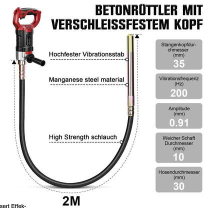 Irondelic 1800W Betonrüttler mit 2m Rüttelflasche | Elektrischer Innenrüttler 6000 U/min | Profi Flaschenrüttler für Fundamente & Schalung
