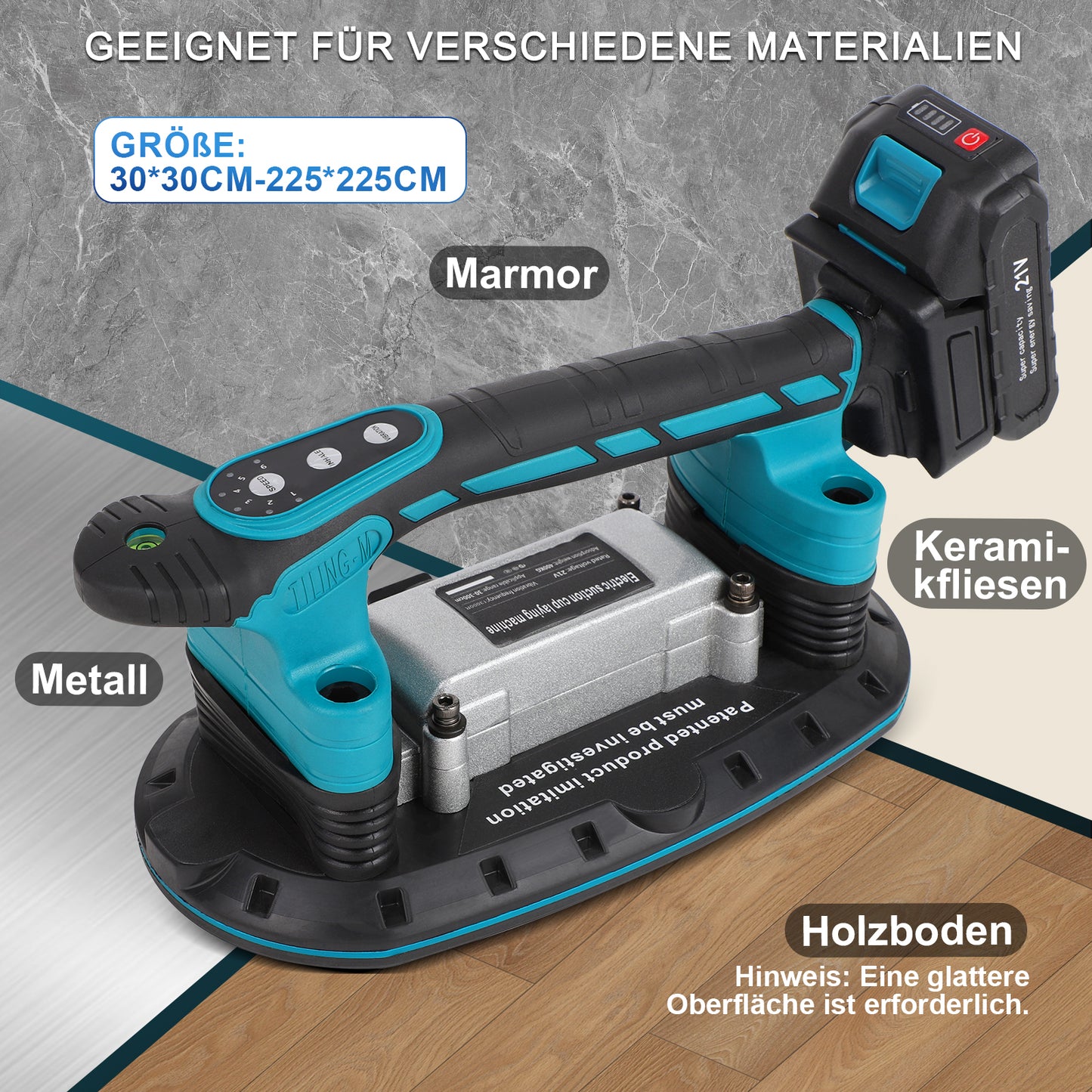 Fliesenrüttler Akku 1800W mit Saugnapf - 6 Stufen, 2 Akkus, Fliesenverlegegerät für Wand und Bodenfliesen - Irondelic